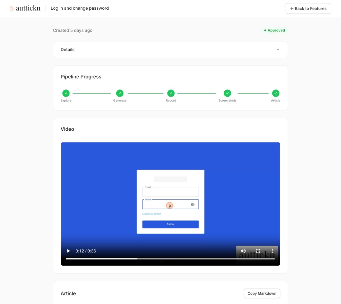 Auttickn AI tutorial generator Auttickn's AI tutorial generator interface showing an automatically generated video tutorial and knowledge base article